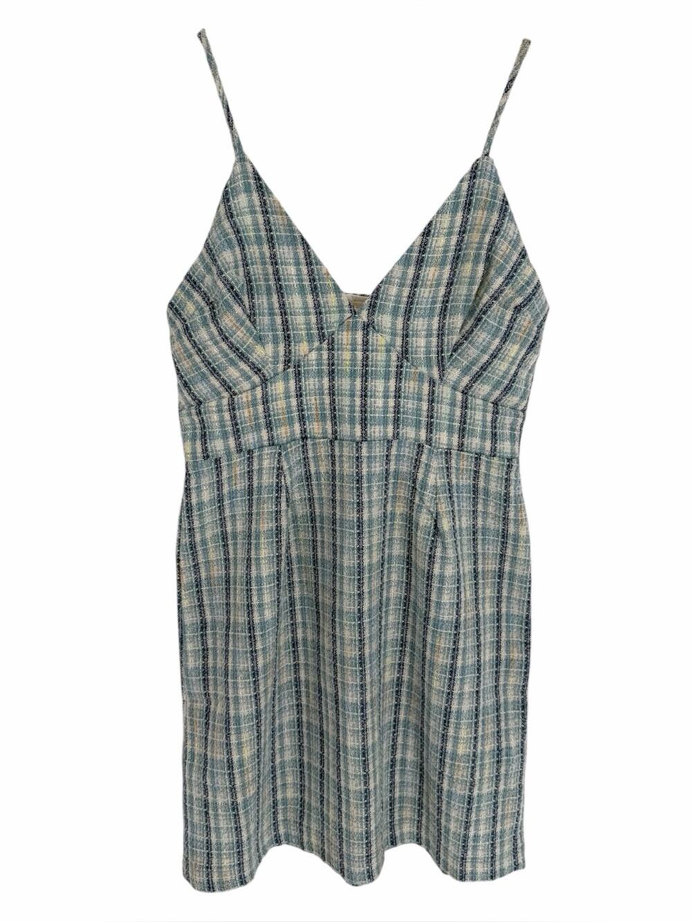Monteau Plaid Mini Partry Dress Blue Sleeveless Tweed NEW - M